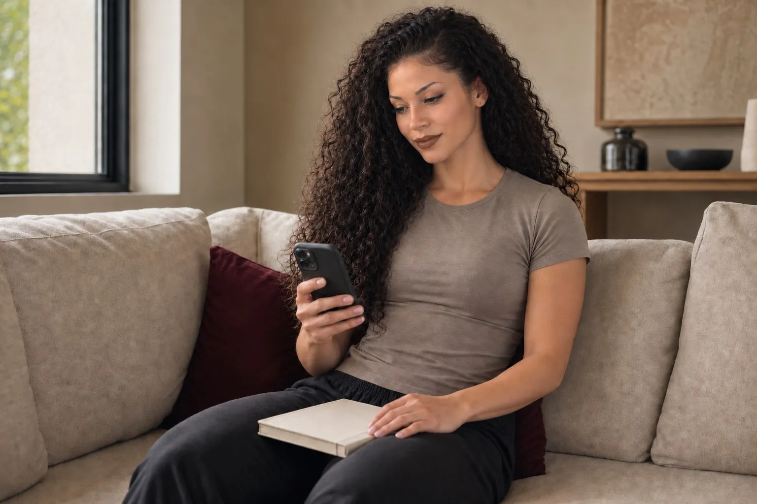 AI stand-in for Ariah, to be replaced. Ariah on a sofa at home reading a client check-in on her phone